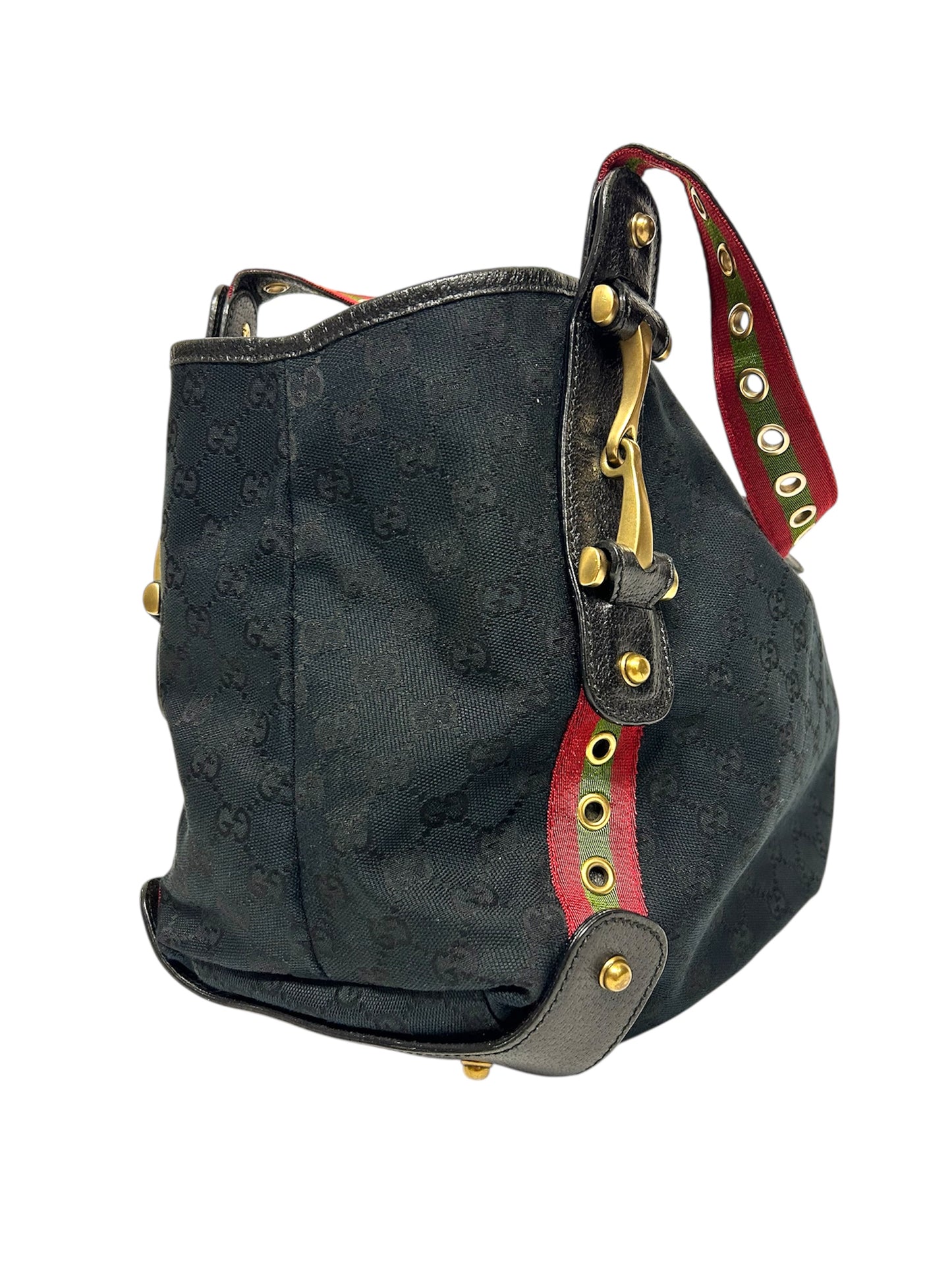 GUCCI NAVY GG FABRIC GROMMET STRAPS PELHAM TOTE BAG