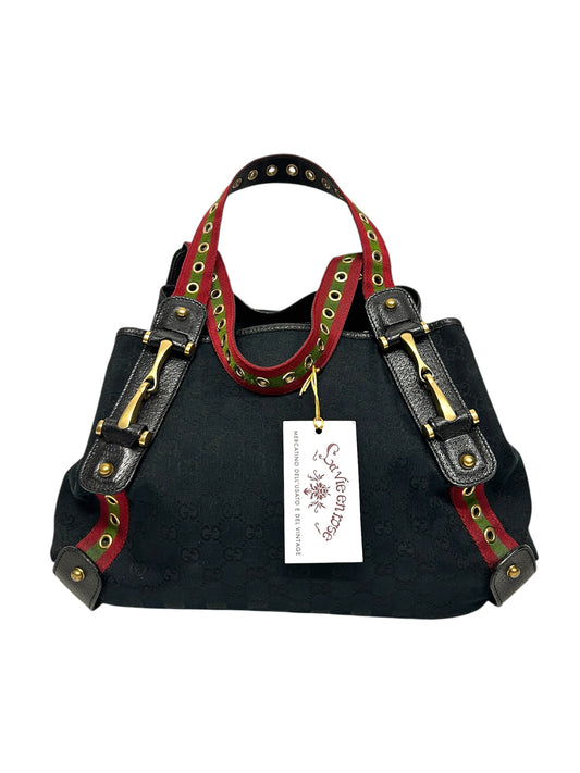 GUCCI NAVY GG FABRIC GROMMET STRAPS PELHAM TOTE BAG