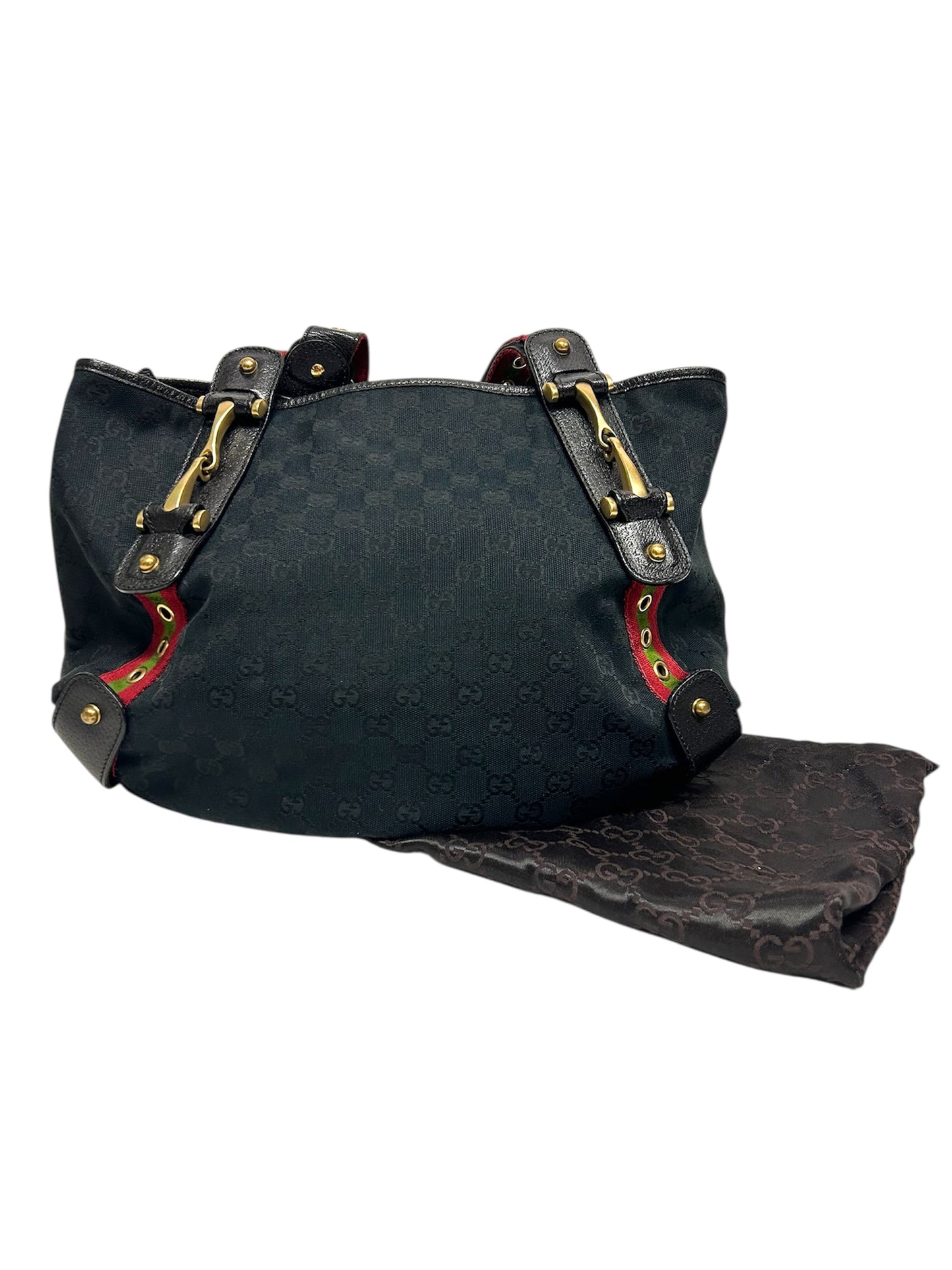 GUCCI NAVY GG FABRIC GROMMET STRAPS PELHAM TOTE BAG