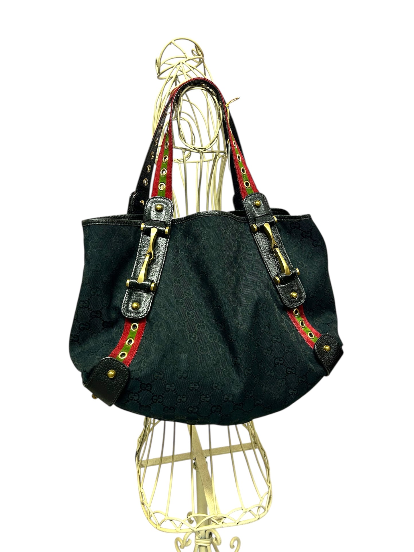 GUCCI NAVY GG FABRIC GROMMET STRAPS PELHAM TOTE BAG