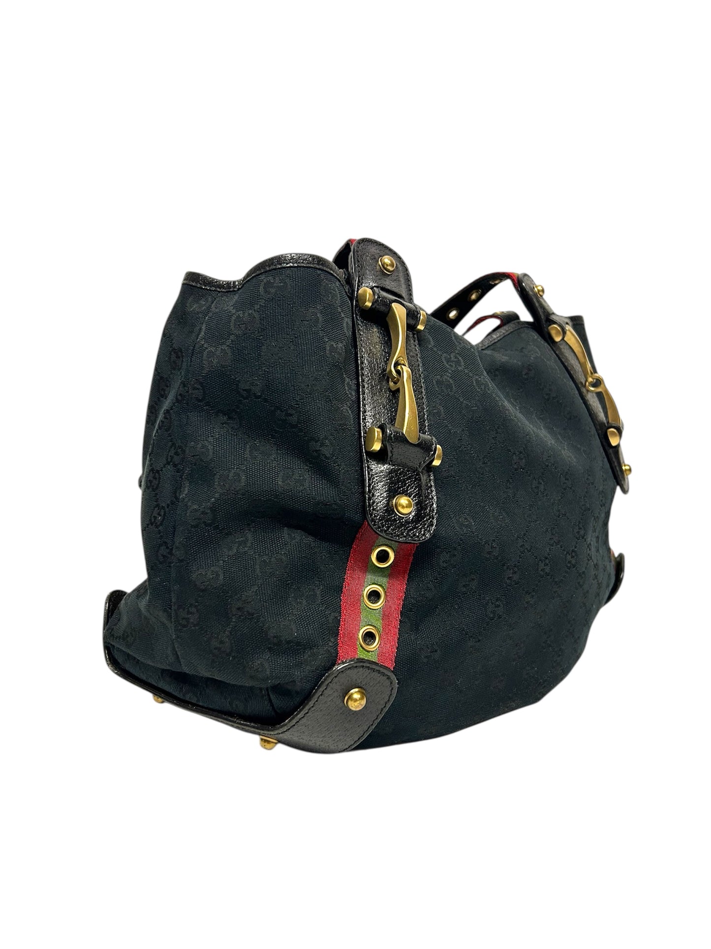 GUCCI NAVY GG FABRIC GROMMET STRAPS PELHAM TOTE BAG